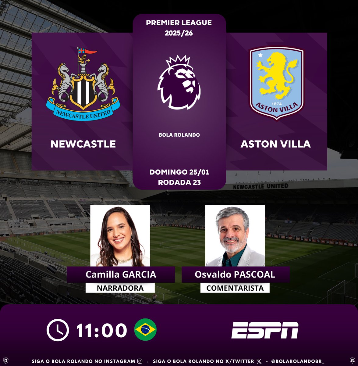 ⚽️🏴󠁧󠁢󠁥󠁮󠁧󠁿 #PremierLeague | Rodada 23
⚔️ #Newcastle x #AstonVilla         
🎙️ Narradora: <a href="/NarradoraMilla/">Milla</a> 
🎙️ Comentarista: Osvaldo Pascoal
📺 <a href="/ESPNBrasil/">ESPN Brasil</a> 
💻📱 <a href="/DisneyPlusBR/">Disney+ Brasil</a> 
#️⃣ #PremierLeague - #NEWAVL    
Siga nosso perfil e dê RT 🔃