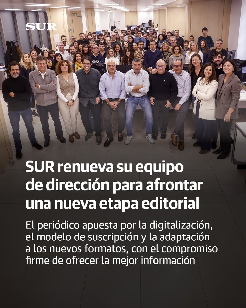 SUR afronta una nueva etapa editorial con una reorganización de su equipo de dirección. El periódico de #Málaga renueva su estructura en la redacción en una clara apuesta por la digitalización, el modelo de suscripción y la adaptación a los nuevos formatos y narrativas