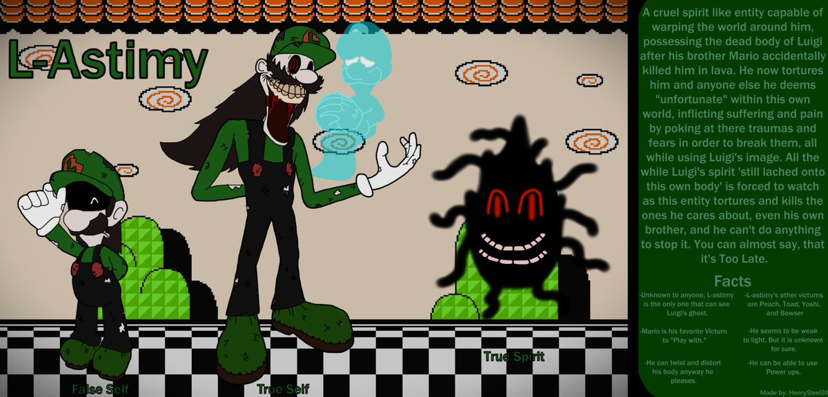 henrysteel20's tweet photo. I wanted to make a retake of this horrorbrew for a long while now. Given the hole drama surrounding him, he's sill my favorite character. So I give you, L-Astimy. 'A Mr L Retake.' #Horrorbrew #TooLateEXE #Marioexe
(Original horrorbrew character created by: @MrPixel110308) https://t.co/03hymU6QFH