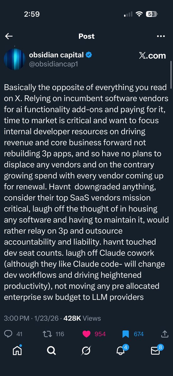 Software is oversold aka no one is vibe coding their payroll, notes:

- Coding agents are a tremendous tool for extending the ambition of a company / product / business unit - why would you use your precious time rewriting SAAS?

- The math doesn’t work - typically no more than