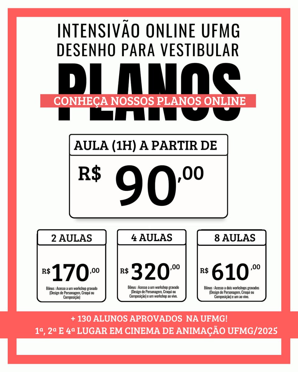 TomDesenhe's tweet image. Atenção, aprovads na 2ª etapa do Vestibular de Habilidades da UFMG!

O Ateliê Desenhe está com pacotes abertos para essa última semana de preparação.

Chama no direct e garanta sua preparação final! 🚀🎨

#PercepçãoVisual #CinemaDeAnimaçao #DesigndeModa
#ArtesVisuais