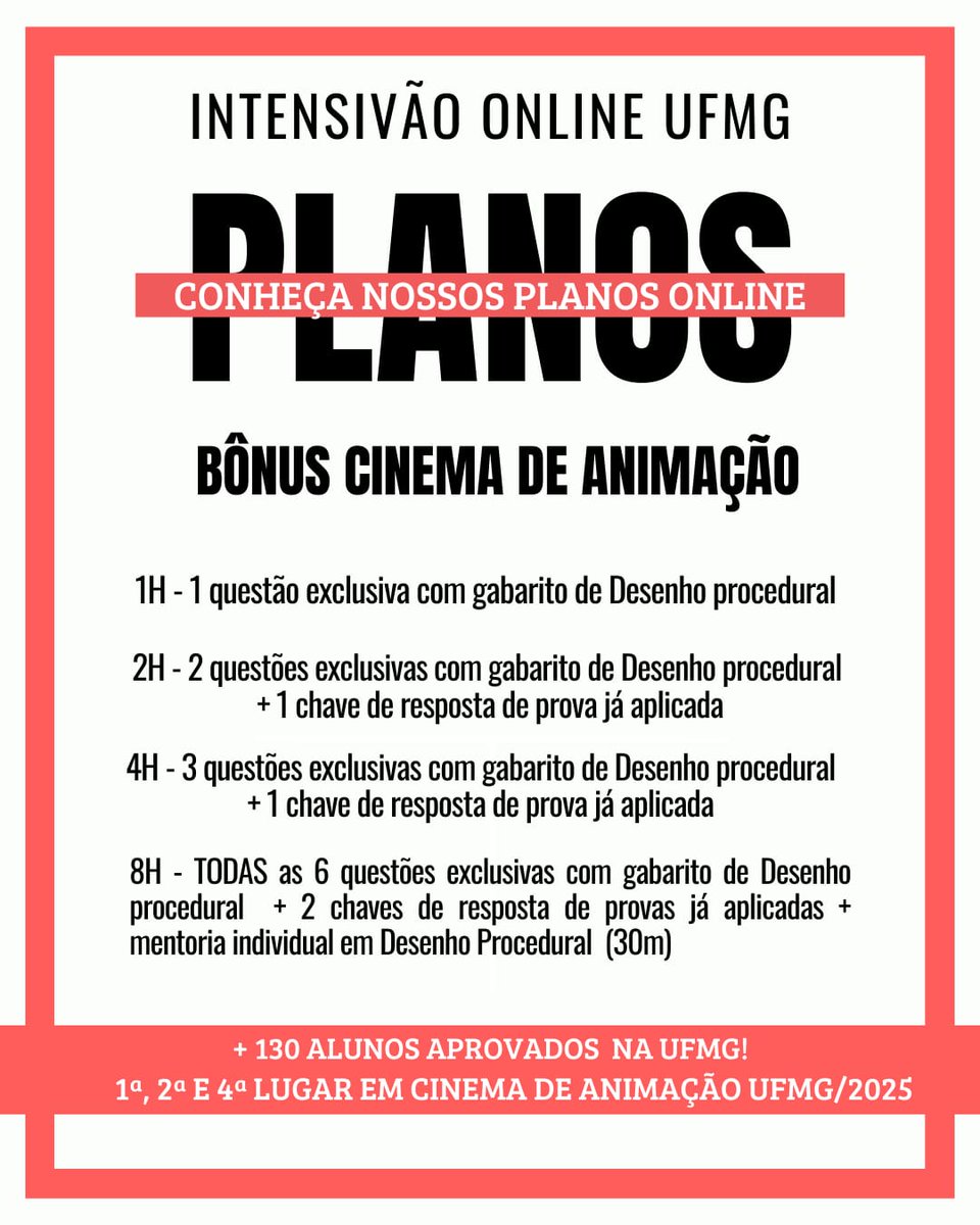 TomDesenhe's tweet image. Atenção, aprovads na 2ª etapa do Vestibular de Habilidades da UFMG!

O Ateliê Desenhe está com pacotes abertos para essa última semana de preparação.

Chama no direct e garanta sua preparação final! 🚀🎨

#PercepçãoVisual #CinemaDeAnimaçao #DesigndeModa
#ArtesVisuais