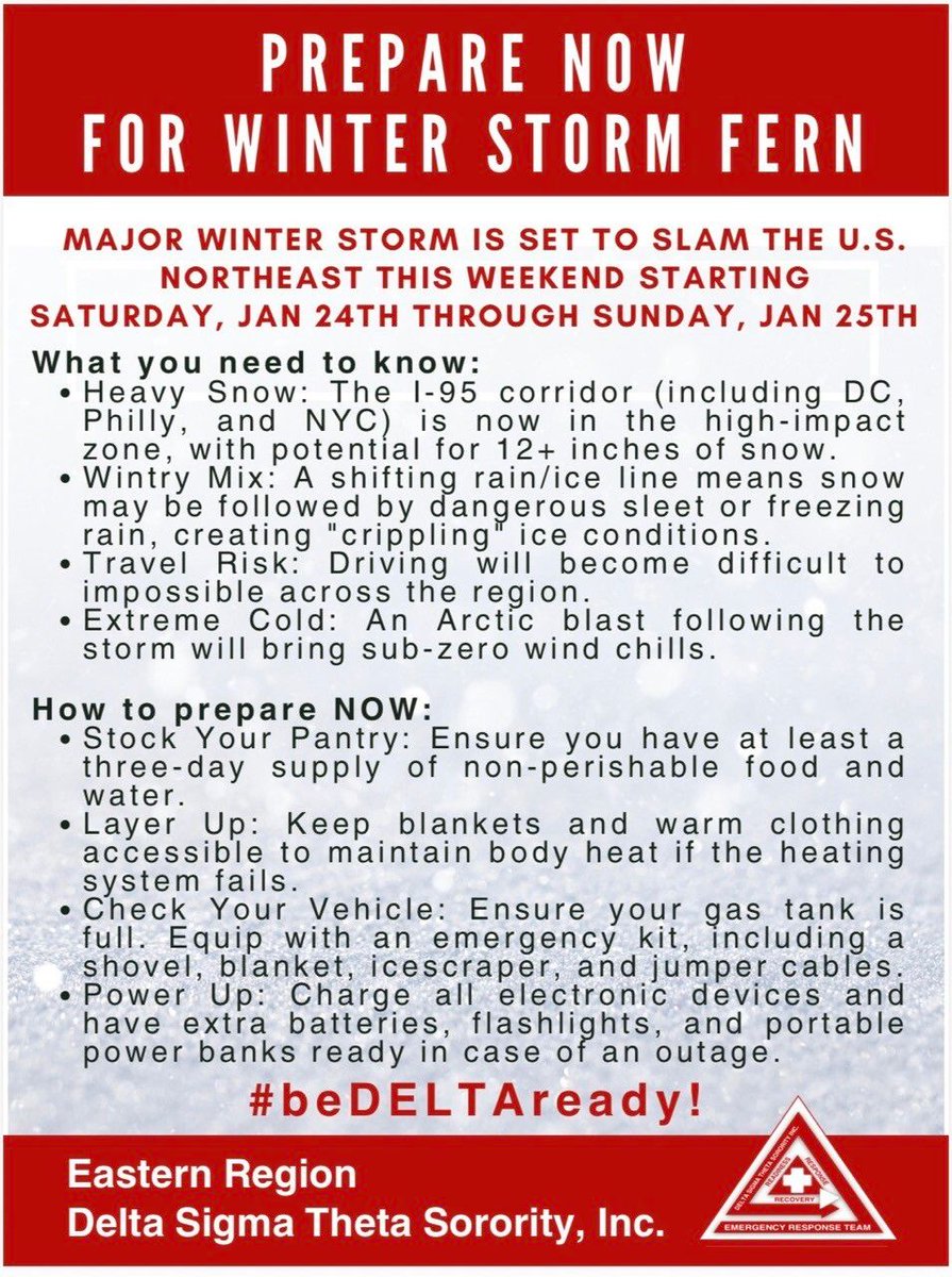 easternregdst's tweet photo. As the region braces for this winter storm, we remind you to take measures to stay safe. Stay off the roads if you can, keep your phone charged, check on neighbors, and have essentials on hand. Stay tuned to your local reports, stay warm, and always #BeDeltaReady! https://t.co/1c3uKVLwHH