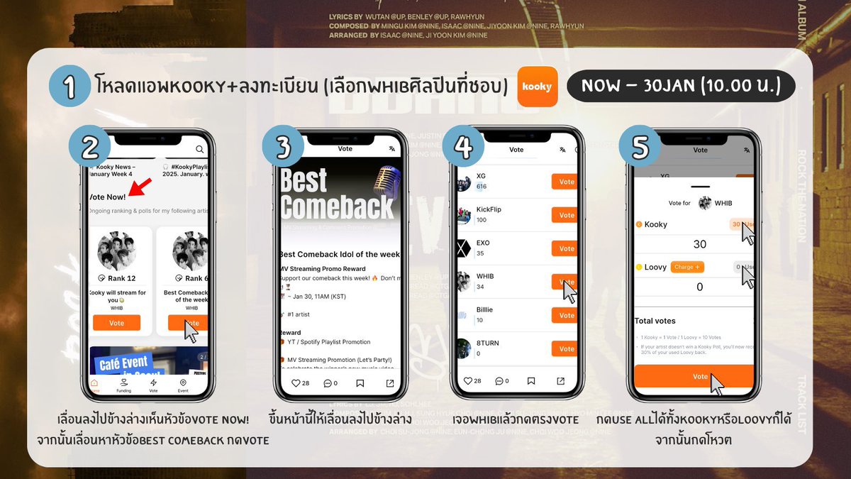 VoteforwhibTH's tweet image. HOW TO VOTE ”BEST COMEBACK IDOL OF THE WEEK“

𓏵 โหวตผ่านแอป KOOKY
𓏵 ไม่จำกัดไอดีในการโหวตต่อเครื่อง
🗓️โหวตได้ตั้งแต่ วันนี้-30 JAN 26 10.00 น.(เวลาไทย)

🏆ชนะได้รับการโปรโมตplaylistของYouTube/SpotifyและโปรโมตการสตรีมMVจากทางKOOKY🏆
#โหวตนี้เพื่อน้องวิบ #WHIB