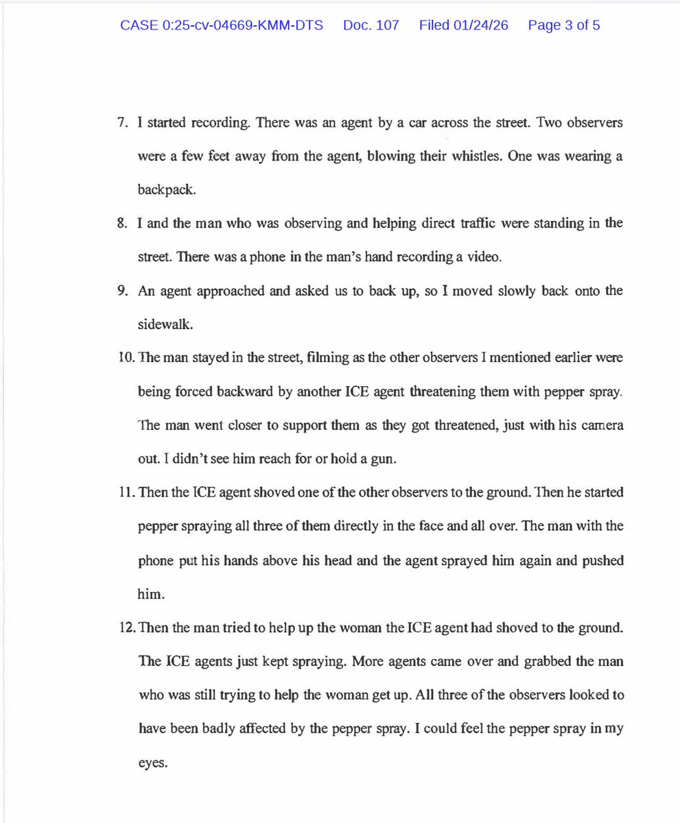 ReichlinMelnick's tweet image. You have to read this. Firsthand affidavit from one of the women who was there and recording the video. She talks about how Alex Pretti was directing traffic when she arrived. She watched him be killed in front of her. She's afraid to go home, worried she'll be arrested.