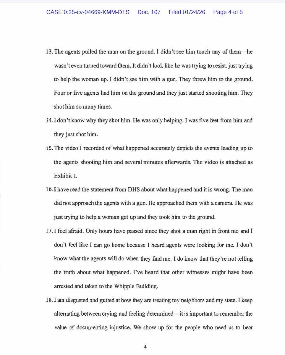 ReichlinMelnick's tweet image. You have to read this. Firsthand affidavit from one of the women who was there and recording the video. She talks about how Alex Pretti was directing traffic when she arrived. She watched him be killed in front of her. She's afraid to go home, worried she'll be arrested.