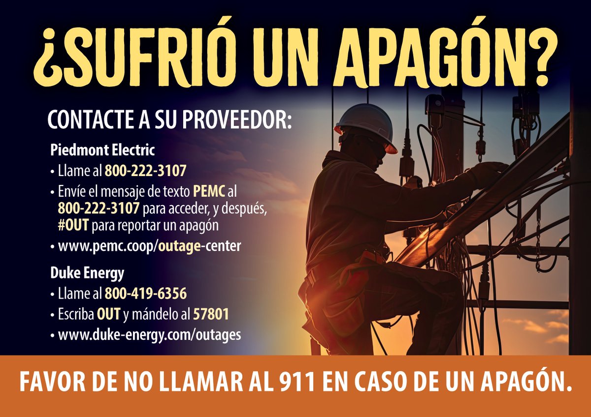 OCNCGOV's tweet image. Is Your Power Out?
CONTACT YOUR PROVIDER:
Piedmont Electric
• Call 800-222-3107
• Text PEMC to 800-222-3107 to opt in then #OUT to report an outage
• pemc.coop/outage-center
Duke Energy
• Call 800-419-6356
• Text OUT to 57801
• duke-energy.com/outages