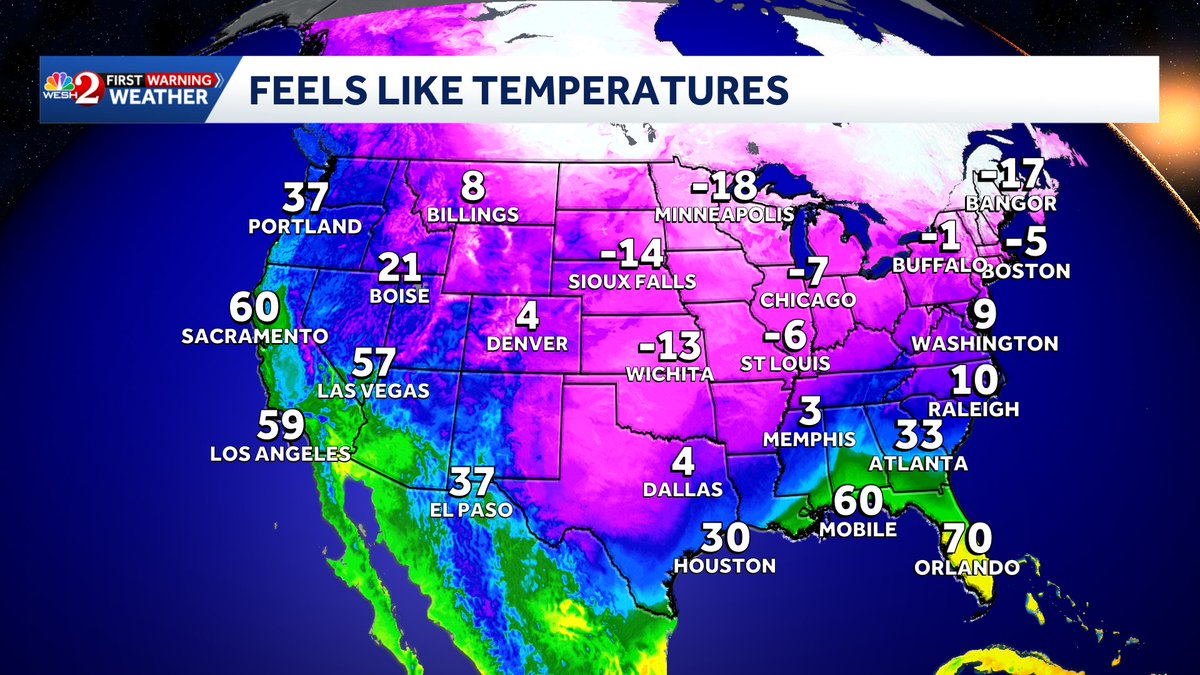 TMainolfiWESH's tweet photo. Brutal #Cold gripping many areas east of the Continental Divide on this Saturday evening. #Florida is the only warm spot as #FeelsLike temperatures are below zero in many areas! Stay with #weshwx for updates. https://t.co/UHzll4wHbZ