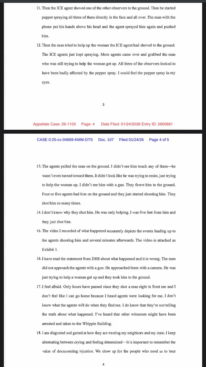 JUST IN: Plaintiffs in the lawsuit to restrict ICE’s use of force in Minnesota filed an emergency motion with the 8th circuit court of appeals tonight to reinstate those restrictions.

It included this affidavit from a person who witnessed today’s shooting: