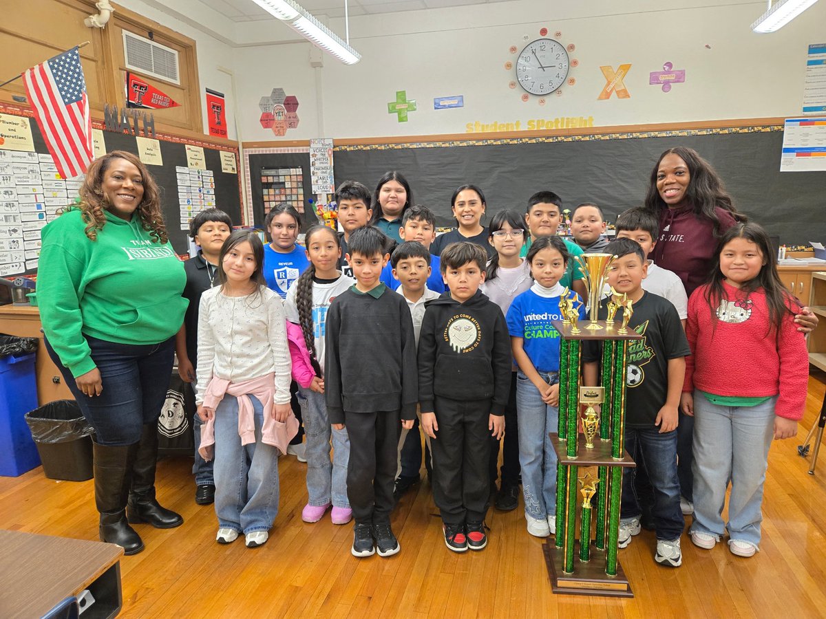 charapace08's tweet photo. So proud to present 4B & 4C with the attendance trophy for 100% perfect attendance this week. Huge shout out to Ms. Pino and Ms. Perez for fostering a positive classroom culture where attendance matters and students thrive! #BuiltIIWin #SOCvt @ClintonPRussell @UmojaTurner https://t.co/3bYuGnjuY3