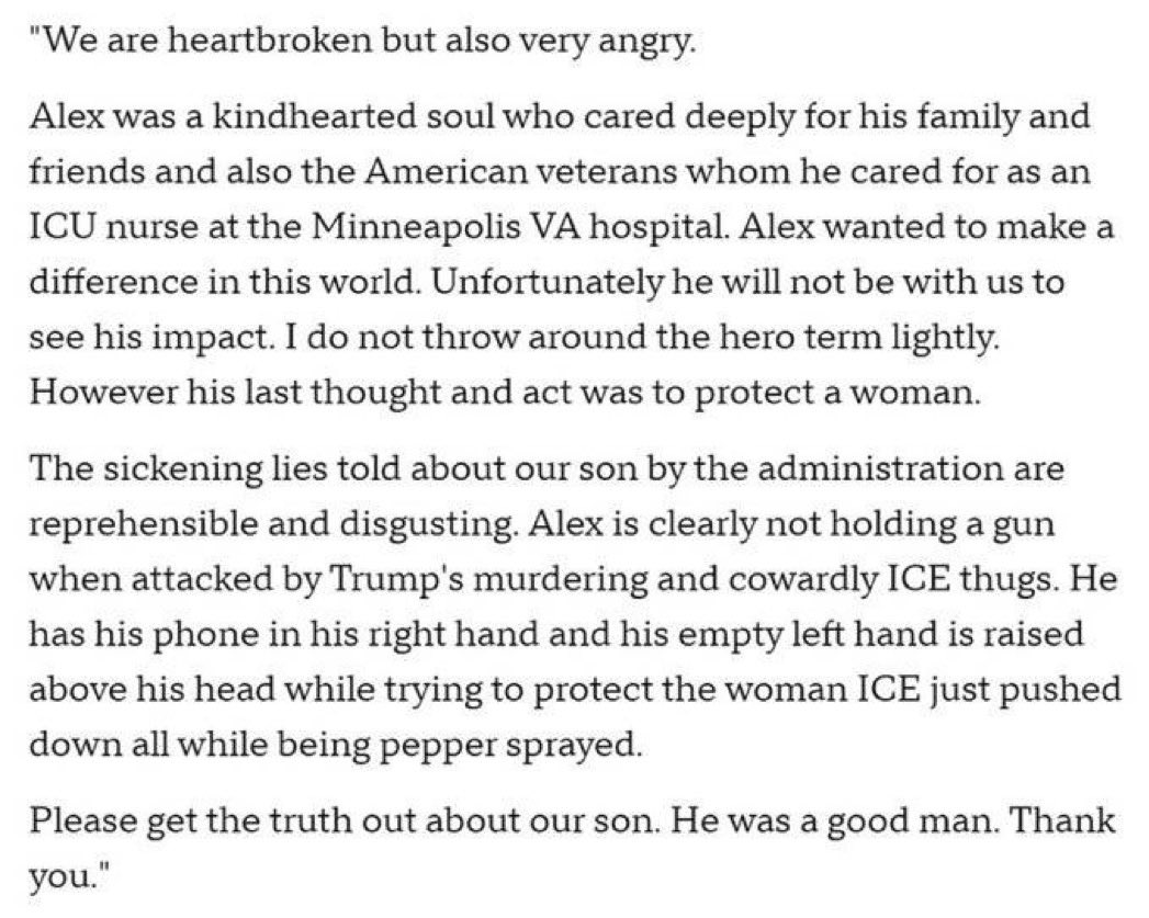 TVNewsNow's tweet image. 🚨 NEW: A statement from the family of Alex Pretti, via CNN:

"We are heartbroken but also very angry. Alex was a kindhearted soul who cared deeply for his family and friends and also the American veterans whom he cared for as an ICU nurse at the Minneapolis VA hospital. Alex…