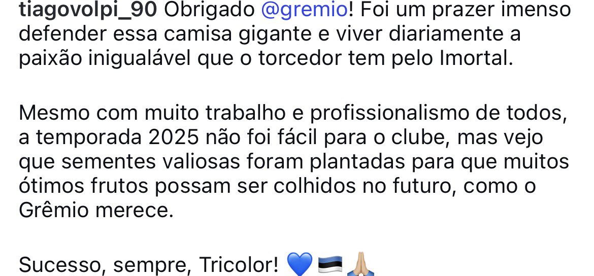 Gremistao1903's tweet photo. 🚨OPINIÃO! 

O post de despedida de Tiago Volpi é um grande gesto de RESPEITO, HONESTIDADE e CARÁTER! 

Obrigado por honrar a camisa do GRÊMIO, Tiago! 

Tenho certeza que nunca faltou trabalho, dedicação e respeito da tua parte com o Tricolor. Desejo sucesso em sua caminhada. https://t.co/hIw27FNLM6