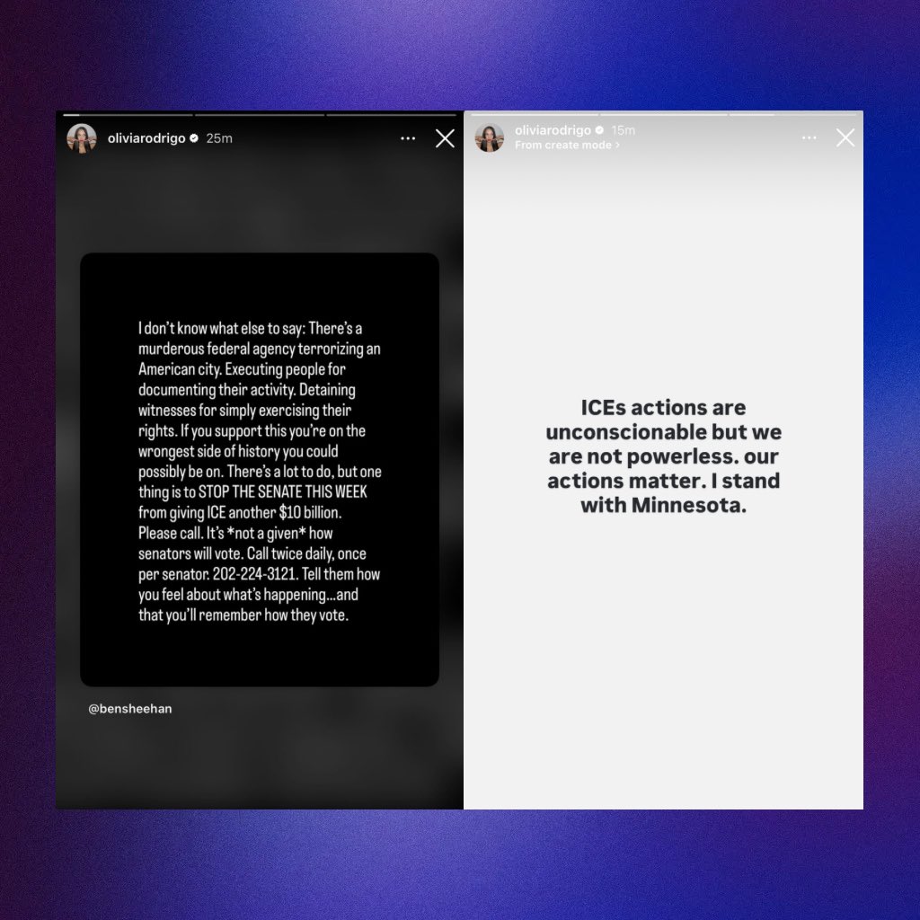Olivia Rodrigo speaks out against ICE in new Instagram stories:

“ICEs actions are unconscionable but we are not powerless. our actions matter. I stand with Minnesota.”