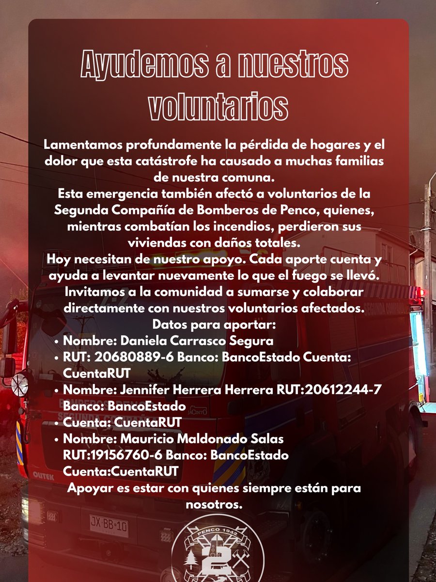 ❤️🔥 #Penco Ayudemos a quienes siempre están para nosotros.

Voluntarios de la 2da compañia  perdieron sus hogares con daños totales mientras combatían los incendios que afectaron a la comuna. 

<a href="/RedGeoChile/">Red Geocientífica de Chile</a> <a href="/reddeemergencia/">Red de Emergencia ONG</a> <a href="/GrupoWurtlitzer/">Grupo Wurtlitzer</a> <a href="/cleivamoris/">🚨🚨Claudio Leiva Moris 🚒🚒🇵🇸</a> <a href="/bombabelloto/">Bomba Belloto</a>