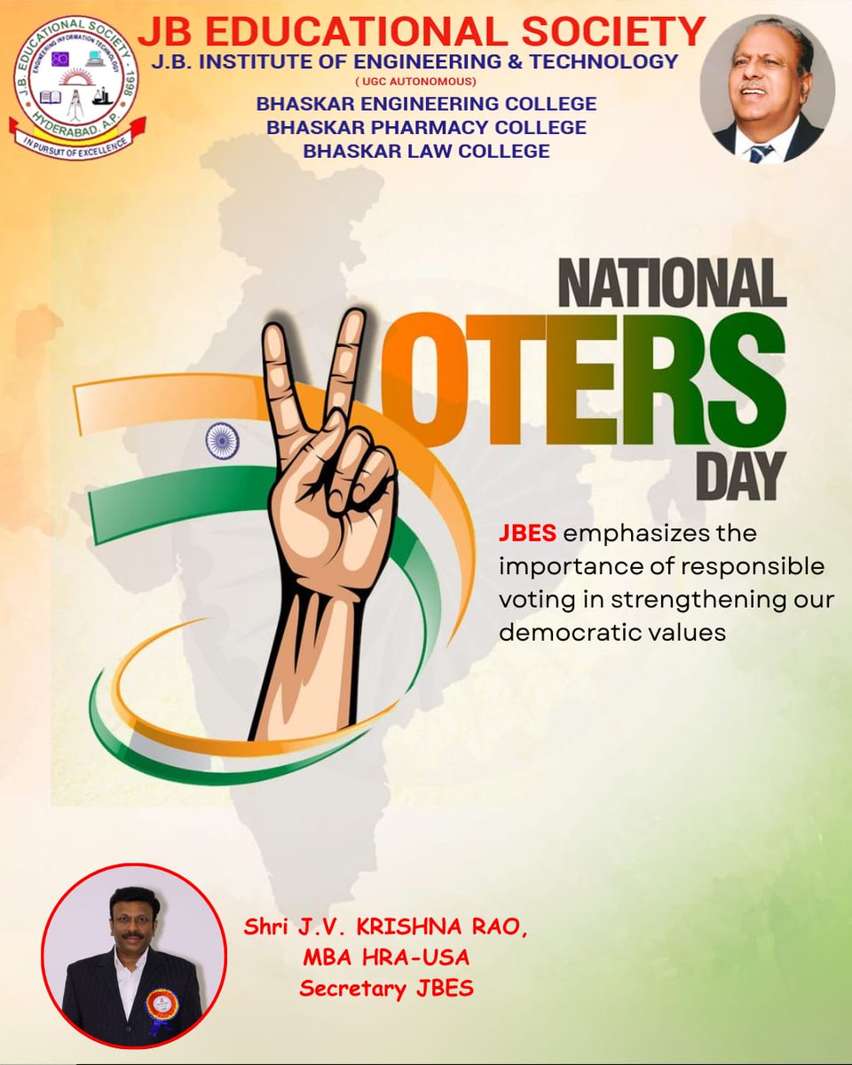 JBIETUpdates's tweet photo. Democracy thrives when citizens participate responsibly.
This #NationalVotersDay, JBIET urges every voter to stay informed and make their voice count. 🇮🇳🗳️
#JBIET #JBES https://t.co/c5FyT4SifH