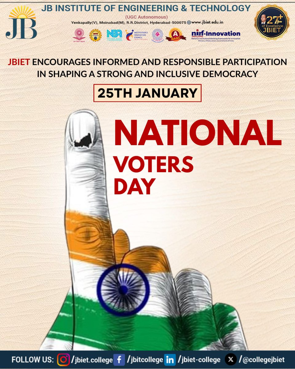JBIETUpdates's tweet photo. Democracy thrives when citizens participate responsibly.
This #NationalVotersDay, JBIET urges every voter to stay informed and make their voice count. 🇮🇳🗳️
#JBIET #JBES https://t.co/c5FyT4SifH