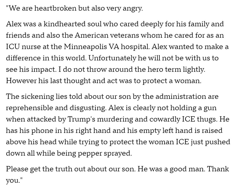 SuppressedNws1's tweet image. ⚡️🇺🇸JUST IN:

Statement released by the family of Alex Jeffrey Pretti, the 37-year-old American ICU nurse fatally shot by ICE in Minneapolis:

"The sickening lies told about our son by the administration are reprehensible and disgusting. Alex is clearly not holding a gun when…
