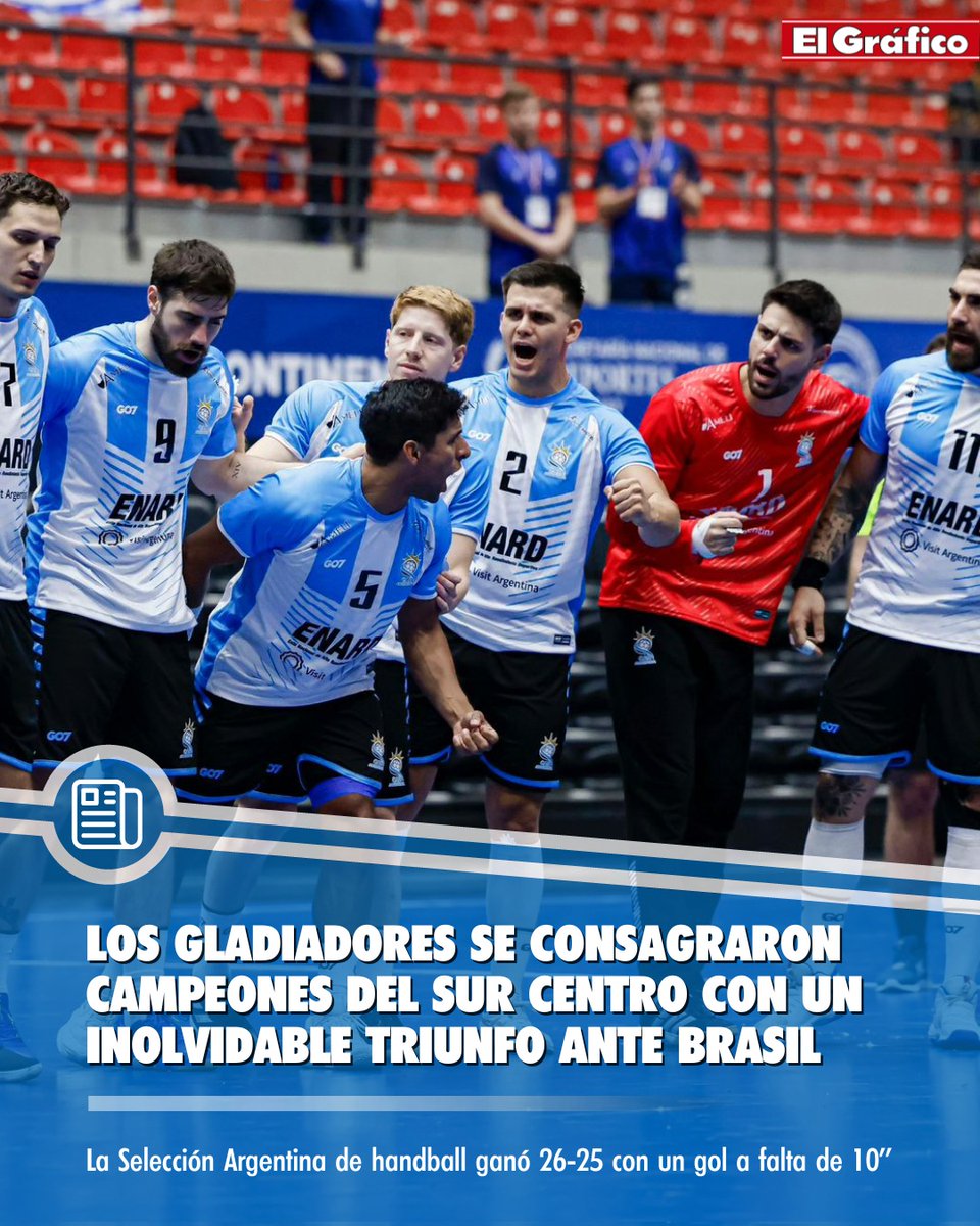 🤾🇦🇷LOS GLADIADORES SE CONSAGRARON CAMPEONES DEL SUR CENTRO CON UN INOLVIDABLE TRIUNFO ANTE BRASIL

➡️La Selección Argentina de handball le ganó a la Verdeamarela por 26-25 con un gol de Federico Giménez a 10 segundos del final.

⭐️La gran figura de la noche fue Nicolás Bono, que