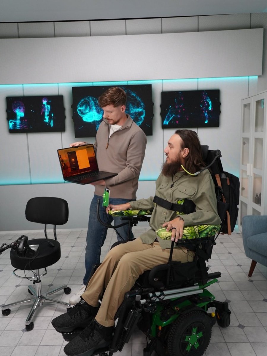 cb_doge's tweet photo. MrBeast with Neuralink’s first human patient, Noland Arbaugh.

Paralyzed from the neck down, Noland used his Neuralink implant to move a cursor, type and send messages, and even play games using only his thoughts.

This is what the future actually looks like. https://t.co/XUaRho1usu