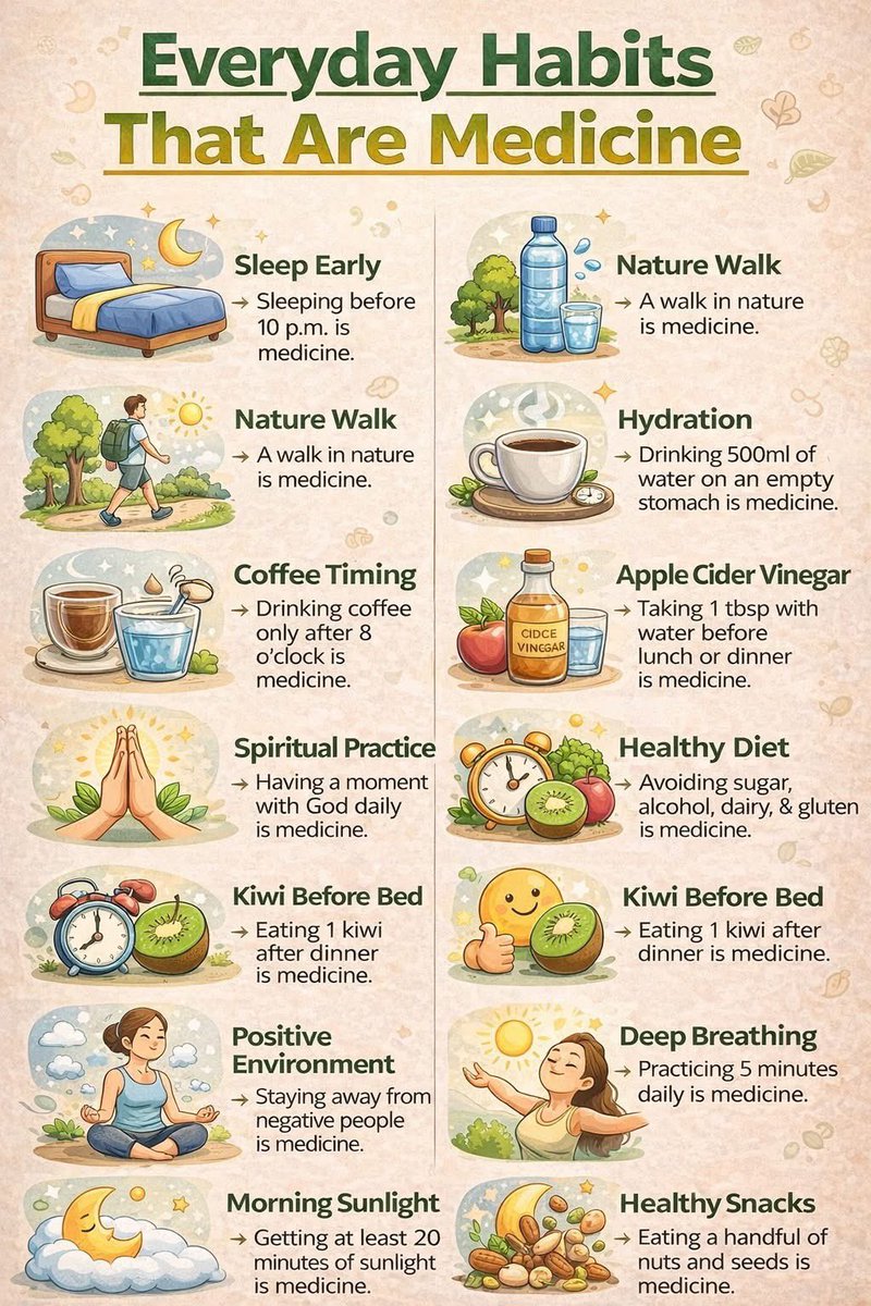 habi72262's tweet image. Everyday Habits That Are Medicine 🌿✨

Small habits = big results when you do them daily 💛

🌙 Sleep Early → Sleeping before 10 p.m. supports recovery.
🚶‍♂️ Nature Walk → A short walk outside can calm your nervous system.
💧 Hydration → 500ml water on an empty stomach can help…