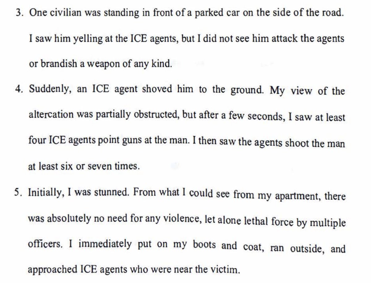 KlasfeldReports's tweet photo. A doctor who witnessed the shooting submits a sworn declaration in federal litigation to halt ICE surge in MN:

"I did not see him attack the agents or brandish a weapon of any kind."

and

"The victim had at least three bullet wounds in his back."

Read https://t.co/t1JH6yhYDu https://t.co/eTEWO5t86r