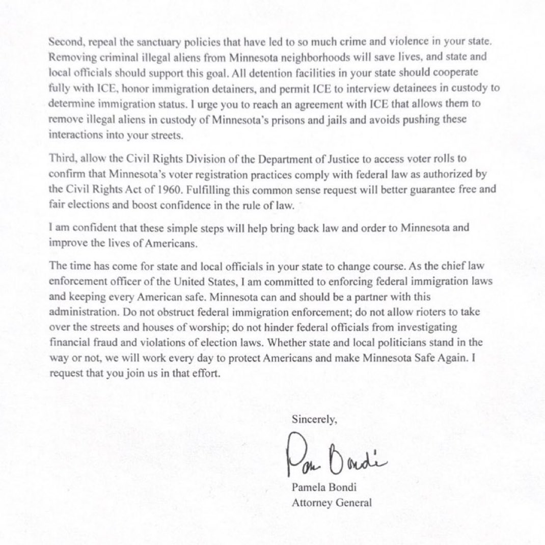 grantstern's tweet image. The only DOJ response to federal agents murdering Alex  Pretti in cold blood on the streets of Minnesota is from AG Pam Bondi

SHE IS DEMANDING MINNESOTA'S VOTER ROLLS IN EXCHANGE FOR ICE LEAVING

Donald Trump is already trying to steal the 2026 midterm election.

Believe it.