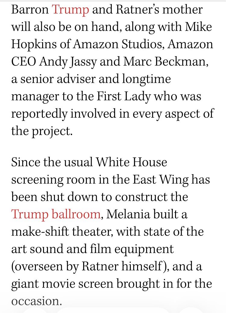 ddiamond's tweet image. On tonight’s White House agenda: 

Trump and guests will get a private screening of MELANIA, the documentary about the First Lady, @THR reports.

Attendees include Apple CEO Tim Cook, Amazon CEO Andy Jassy, Mike Tyson, per the article.