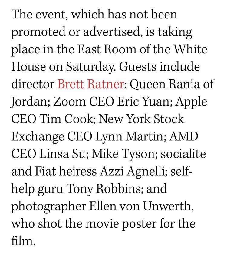 ddiamond's tweet image. On tonight’s White House agenda: 

Trump and guests will get a private screening of MELANIA, the documentary about the First Lady, @THR reports.

Attendees include Apple CEO Tim Cook, Amazon CEO Andy Jassy, Mike Tyson, per the article.