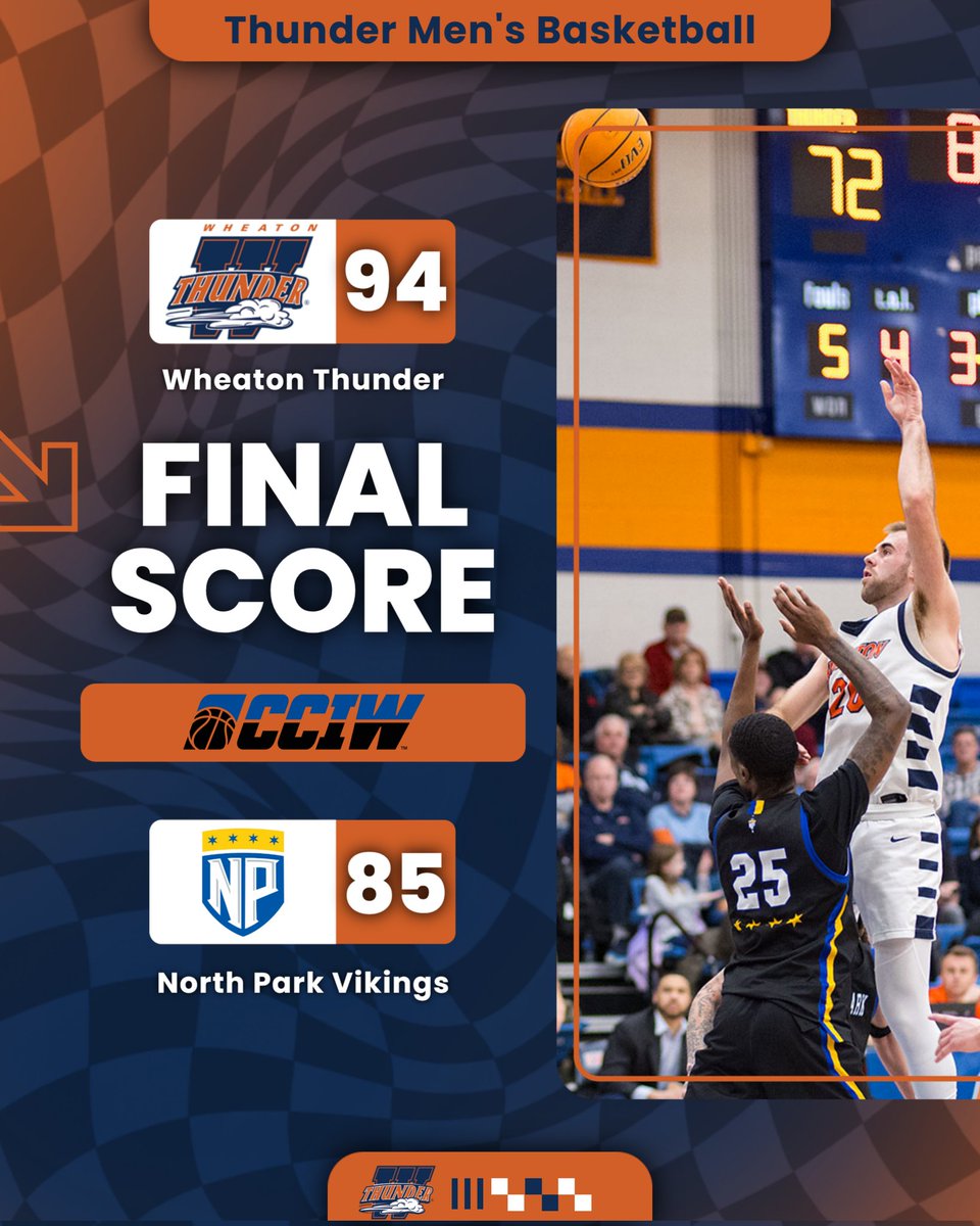 Wheaton_Thunder's tweet photo. A huge first half leads to a fifth conference win!

The Wheaton men's basketball team puts up 57 points in the opening period against North Park to log its highest point total in a CCIW game this year and improve to 5-3 in league play. This evening's victory moves the Thunder into third in the standings at the halfway point of their regular season conference schedule.

Wheaton led wire-to-wire in Saturday's contest, shot 65% from the field in the first half, and held North Park to a 4-20 total from three-point range.

Soren Richardson (pictured) led all scorers with 26 points, was 7-7 at the free throw line, and tallied six rebounds and four assists in the win. Kyan VanderWoude scored 24 points on 11-14 shooting, while Carson Grier earned his third double-double with 16 points and a game-high 10 rebounds. Devin Martin added 12 points and a game-best eight assists.

The Thunder will stay in King Arena on Wednesday night to face Augustana College.
#LetsRoll