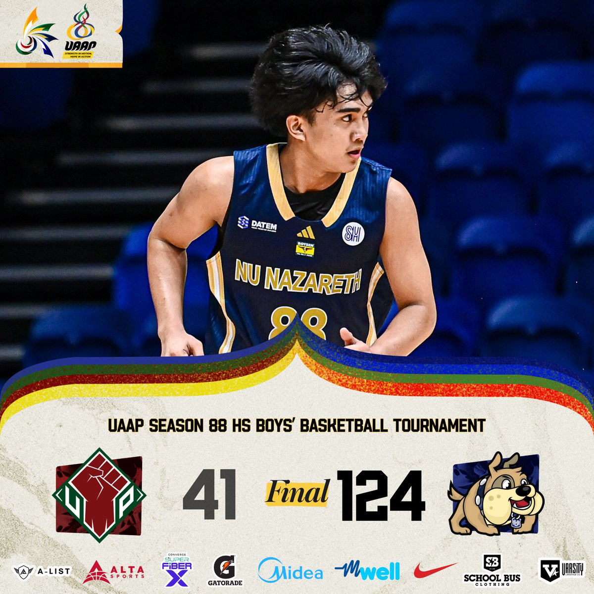 uaap_official's tweet image. NUNS Bullpups d. UPIS Fighting Maroons, 124-41. 

#UAAPSeason88 
#StrenghtInMotionHopeInAction