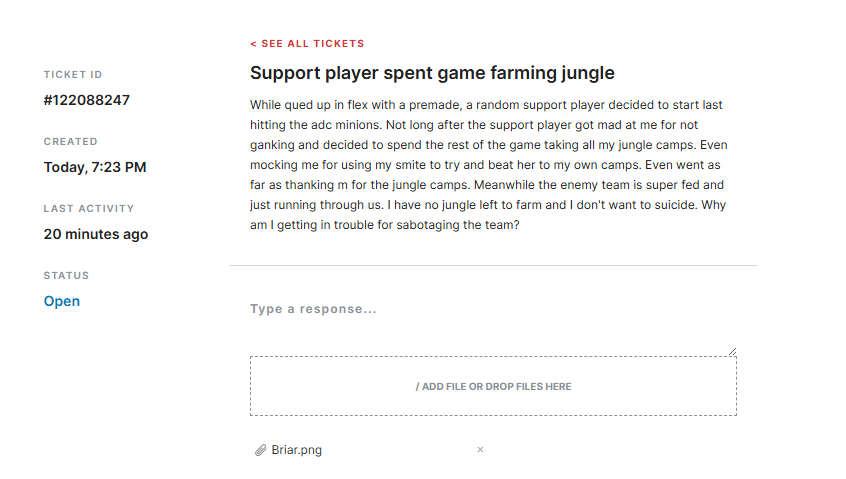 CkFlakes's tweet photo. @drewlevin It was the briar, started in champ select because no one wanted to swap with him, led the game off with "we got this surely with briar support" I've included his support ticket and a screen shot of the post game. As you can see from their CS they were taking everything they could https://t.co/d6ISLNpBDI