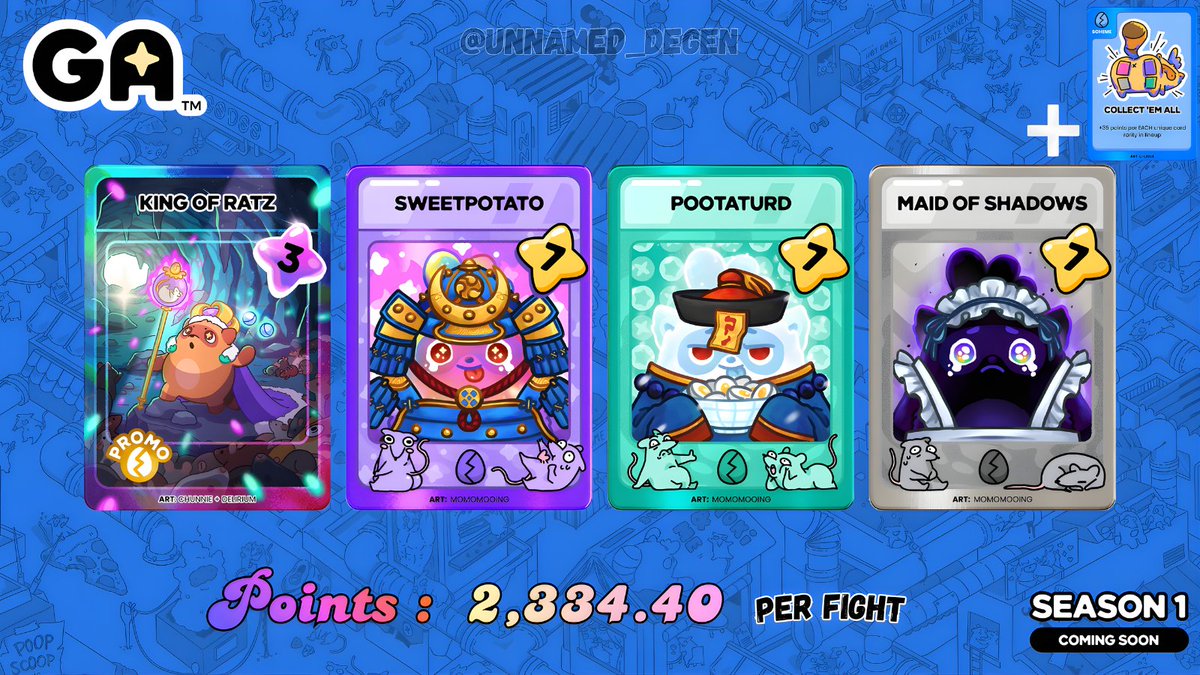 Lineups <a href="/Moku_HQ/">Moku✨</a> Grand Arena 2/36 

"COLLECT 'EM ALL"
Objective:
➫ Become a "Jack-of-all-trades."
➫ Score maximum points through diverse actions, regardless of the match outcome.

Team ($23.14) : 

✨ King of Ratz Legendary - You can buy for $19
✨ Sweetpotato Epic - You can
