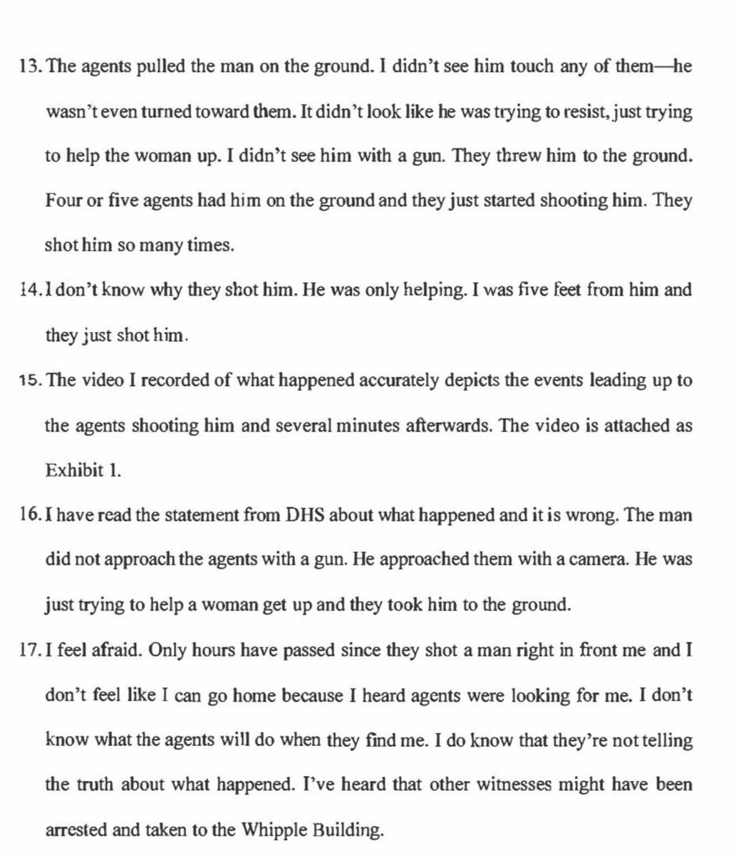 EdKrassen's tweet image. BREAKING: A witness who was just 5 feet from Alex Pretti filed an affidavit depicting what she saw. 

She says he didn’t touch any of the officers and didn’t appear to be resisting. He was merely helping a woman who had been pepper-sprayed. 

She’s is terrified that ICE is…