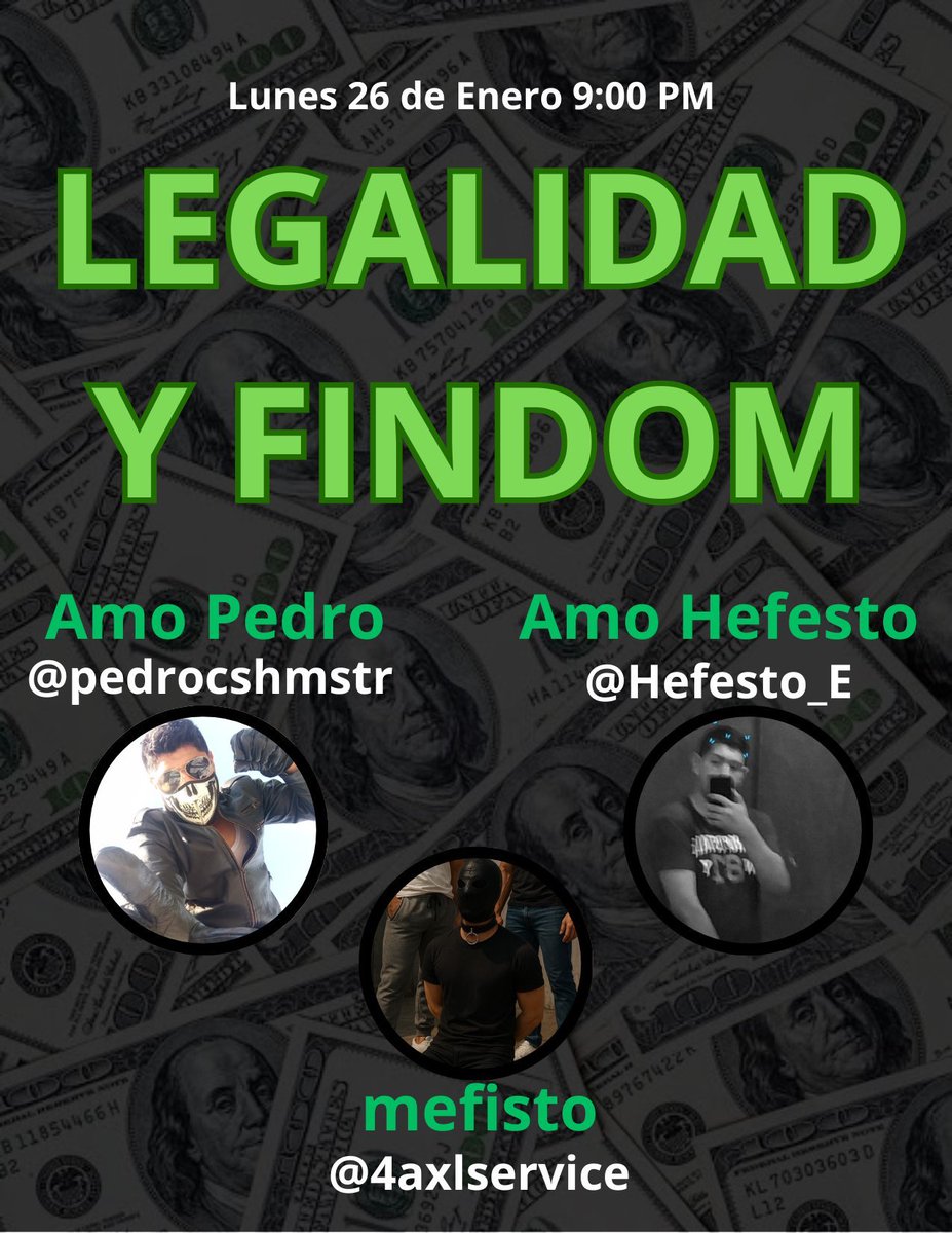 pedrocshmstr's tweet photo. https://t.co/u3nb3USo4X…

El primero del año. @4AXLservice y yo estaremos hablando de las precauciones que hay que tener para practicar #findom sin consecuencias legales. Contaremos con la opinión profesional de @Hefesto_E https://t.co/9CpBIA1qUf