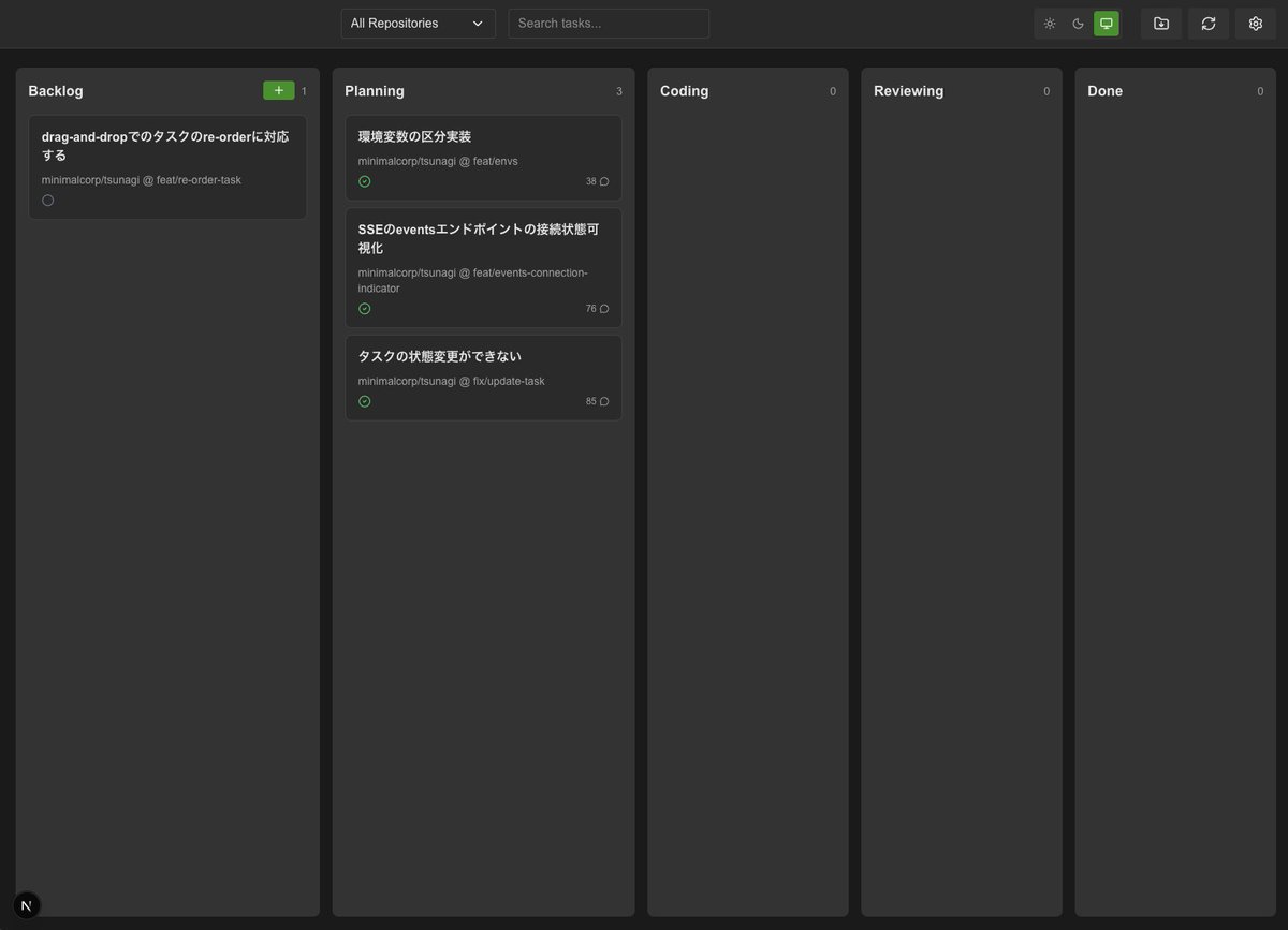ak098ma's tweet photo. auto-claudeみたいなやつ作ってる

これ自体dockerで動かして、1 task 1 worktree, claudeへのプロンプトと全データのリアルタイム更新に対応した

すでにUI上で作業できるようになった
ここまで2日。とんでもない時代

open-sourceにするか悩んでる https://t.co/DDPe6OmC3E