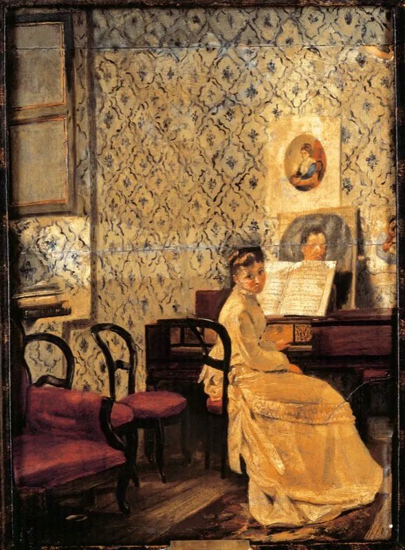 librer7_fern's tweet image. Pero ojo según el historiador Fabio Zambrano Pantoja esta imagen no fue espontánea.

Fue construida por la élite intelectual bogotana a finales del siglo XIX.

Interior santafereño. Óleo de Ramón Torres Méndez