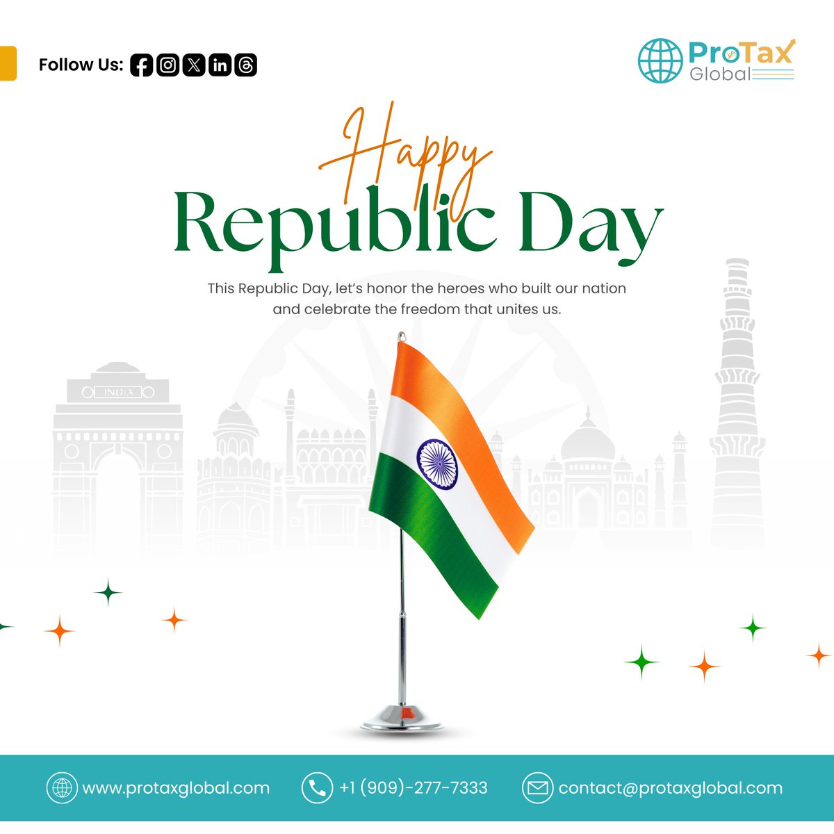 ProtaxGlobal's tweet photo. 🇮🇳 Happy Republic Day, India!

Celebrating the spirit of unity, democracy, and the Constitution that shapes our nation.
Proud of our roots. Committed to progress.
Jai Hind! ☸️✨

#RepublicDay #HappyRepublicDay #India #JaiHind #IndianConstitution #ProudIndian #IndiaRising 🇮🇳 https://t.co/33D3lXgt0m