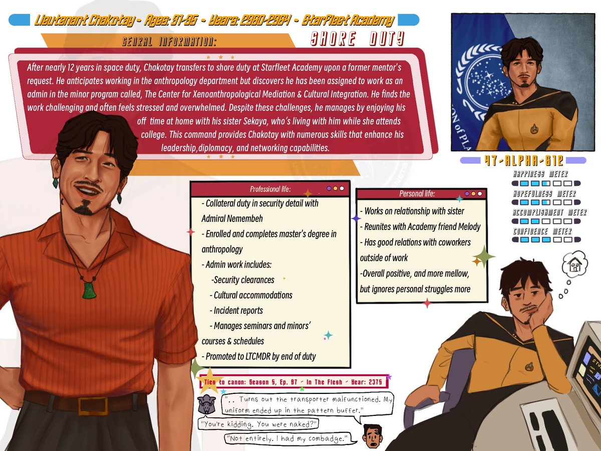 Ruby_duck_'s tweet image. 3/4 info sheets for my pre voyager chakotay lore :). I started these in late 2024 and got a sudden jolt to finish the 3rd card today. I put a lot of thought into these, and am really satisfied with them. I just wanna post it here rq while I still feel good about them :) #chakotay