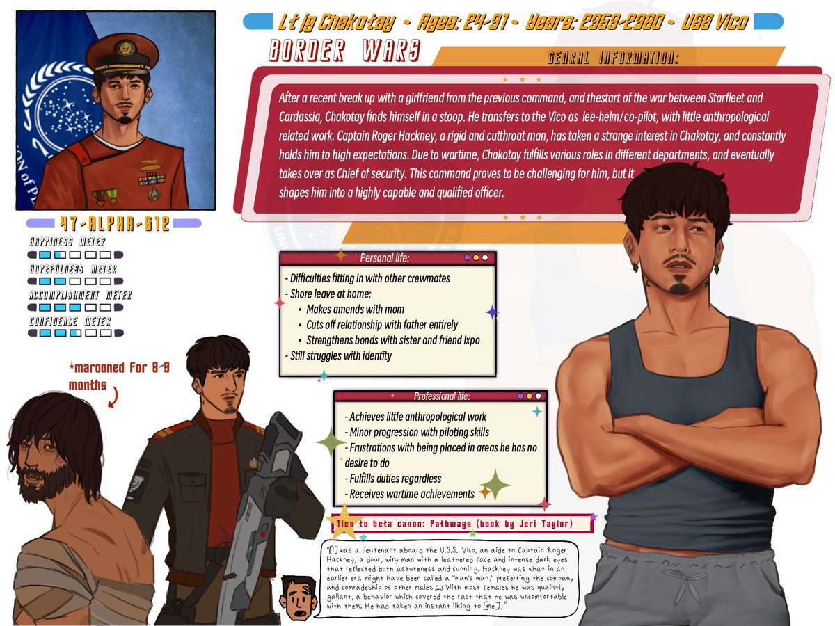 Ruby_duck_'s tweet image. 3/4 info sheets for my pre voyager chakotay lore :). I started these in late 2024 and got a sudden jolt to finish the 3rd card today. I put a lot of thought into these, and am really satisfied with them. I just wanna post it here rq while I still feel good about them :) #chakotay