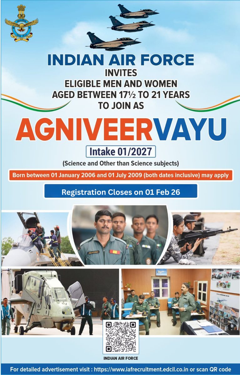 IAF_MCC's tweet photo. Join the Indian Air Force as an #AgniveerVayu.

Registration for Male & Female candidates for AgniveerVayu Intake 01/2027 closes on 01 Feb 2026 .

For eligibility criteria and full details visit https://t.co/BnyOQdK2B6

@DefenceMinIndia
@SpokespersonMoD
@HQ_IDS_India
@adgpi
@indiannavy
@IndiannavyMedia
@CareerinIAF