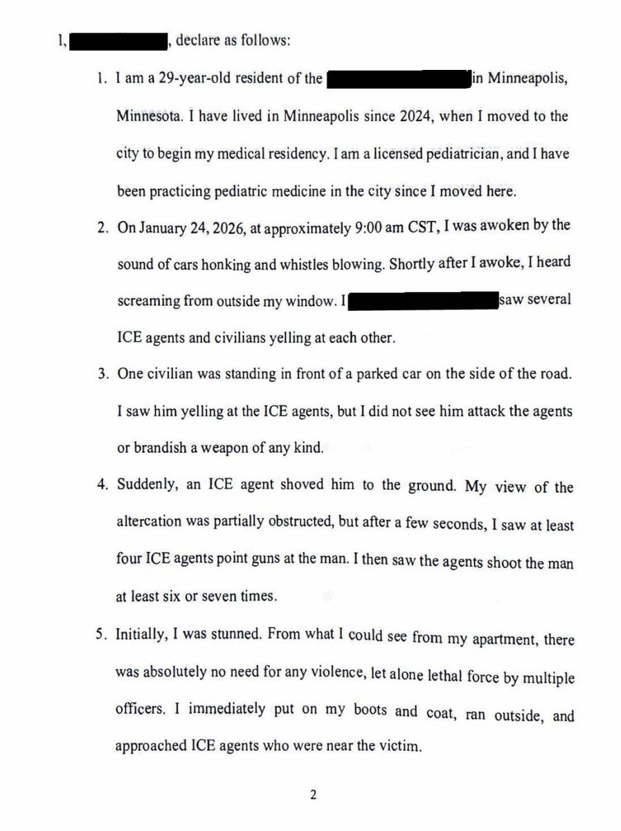 ReichlinMelnick's tweet image. NEW: Another declaration you have to read! Alex Pretti was shot near the apartment of a doctor, who saw the shooting occur and rushed to provide emergency aid as he lay dying on the street.

They describe what they saw: "The victim had at least three bullet holes in his back."