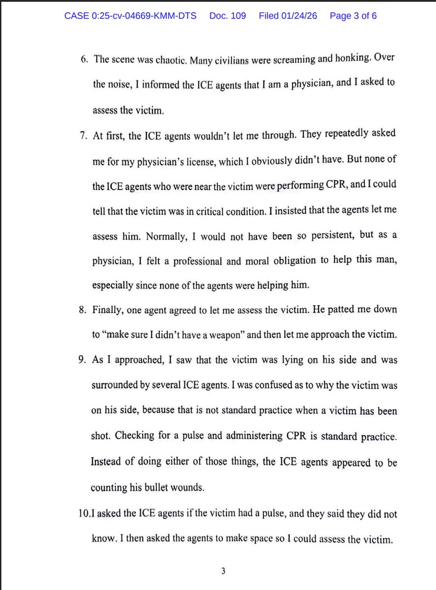 ReichlinMelnick's tweet image. NEW: Another declaration you have to read! Alex Pretti was shot near the apartment of a doctor, who saw the shooting occur and rushed to provide emergency aid as he lay dying on the street.

They describe what they saw: "The victim had at least three bullet holes in his back."