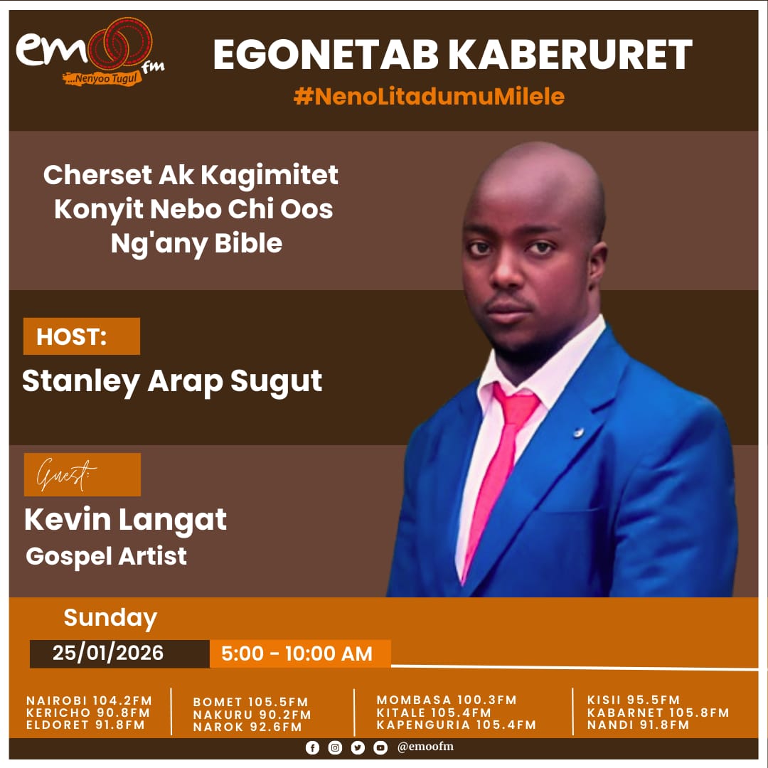 #EGONETABKABERURET is an inspirational and motivational Gospel Show at <a href="/emoofmkenya/">EmooFm</a> hosted by <a href="/StanleySugut/">Stanley Sugut</a> 5am -10am. Today's Gospel Artist is Kevin Langat from Siongiroi Chepalungu Bomet County. Karibuni Tubarikiwe Pamoja.
#EgonetabKaberuret 
#NenoLitadumuMilele