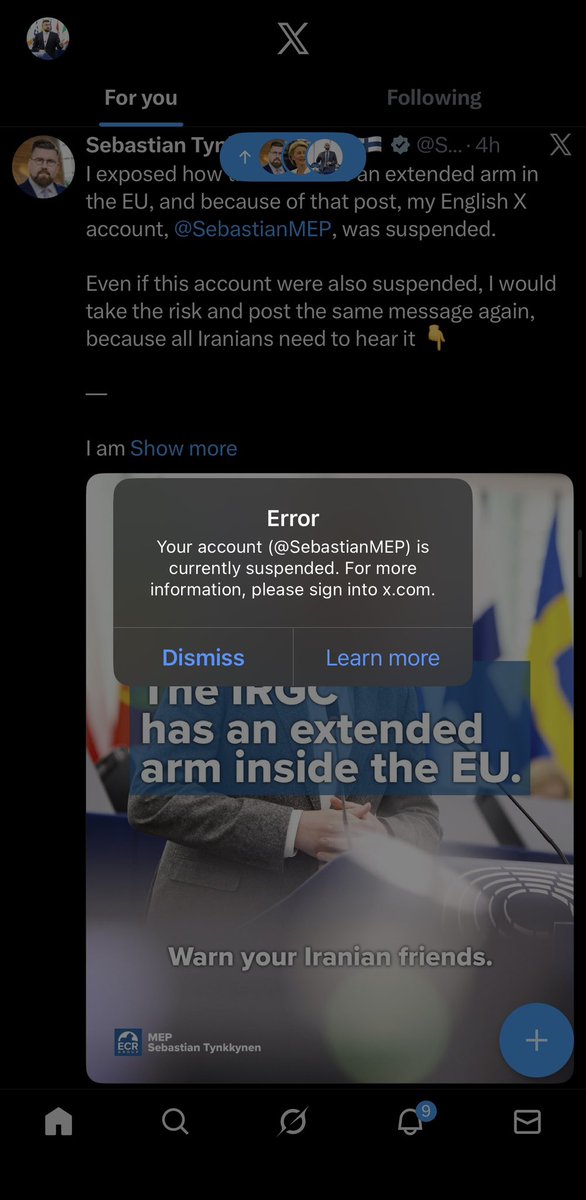SebastianTyne's tweet image. After a massive wave of feedback to X, I have regained the ability to use my English X account after it was suspended for exposing IRGC supporters inside the European Parliament.

However, two issues still remain:

1. The account indicates that it may still be suspended.

2. The…