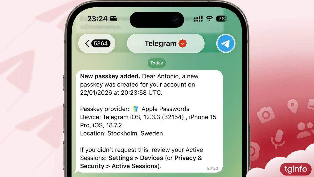 增强安全提醒：Telegram现在添加/删除通行密钥时所有设备都将收到提醒Telegram现在新增或删除 通行密钥，会发出系统通知。用户可以通过系统通知的通行密钥新增或删除日志来判断自己账号是否安全。