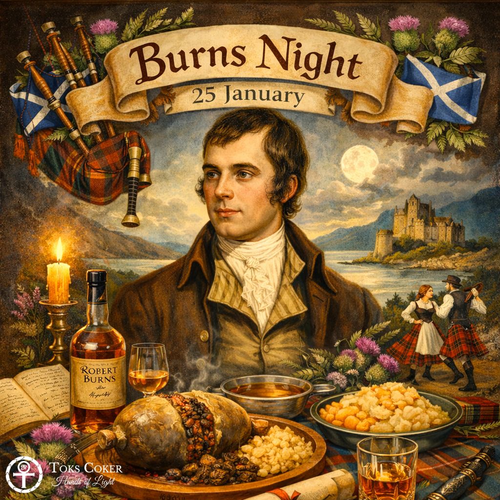 Burns Night celebrates the life and works of Scottish national poet, Robert Burns.

#ToksCoker #HandsOfLight #robertburns #burnsnight #burnsnight2026 #burnssupper #bard #poetry #poetrycommunity #poetrylovers