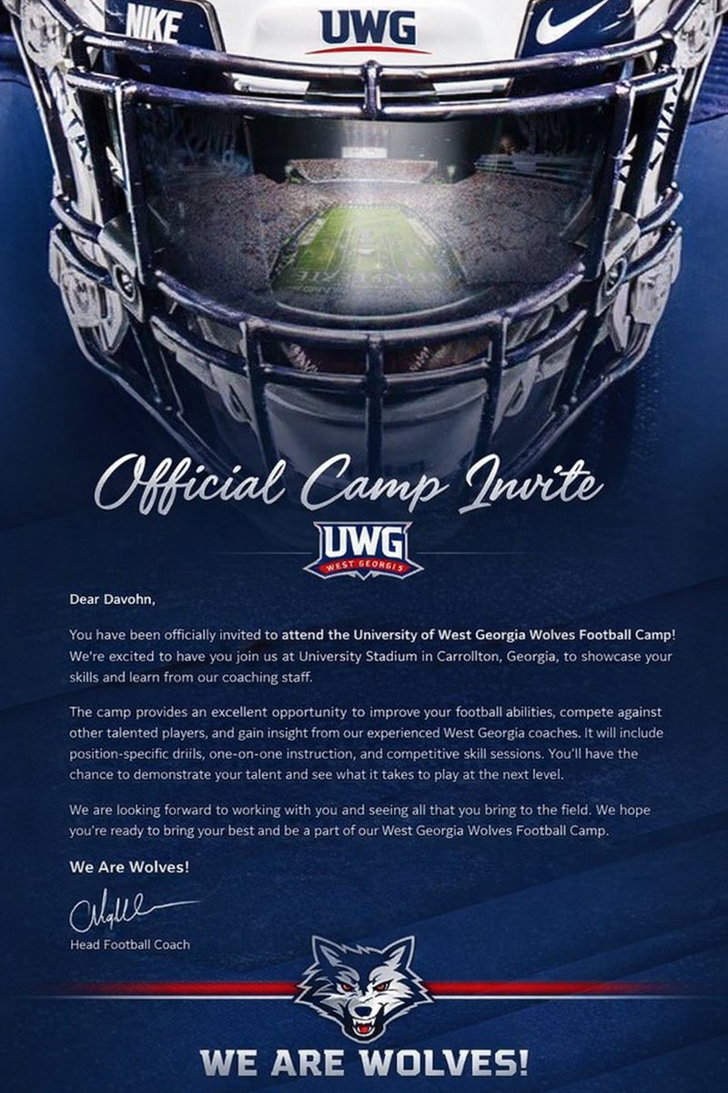 Blessed to receive an official camp invite from the University of West Georgia 🐺 Thankful for the opportunity and ready to work. #WeAreWolves #AGTG