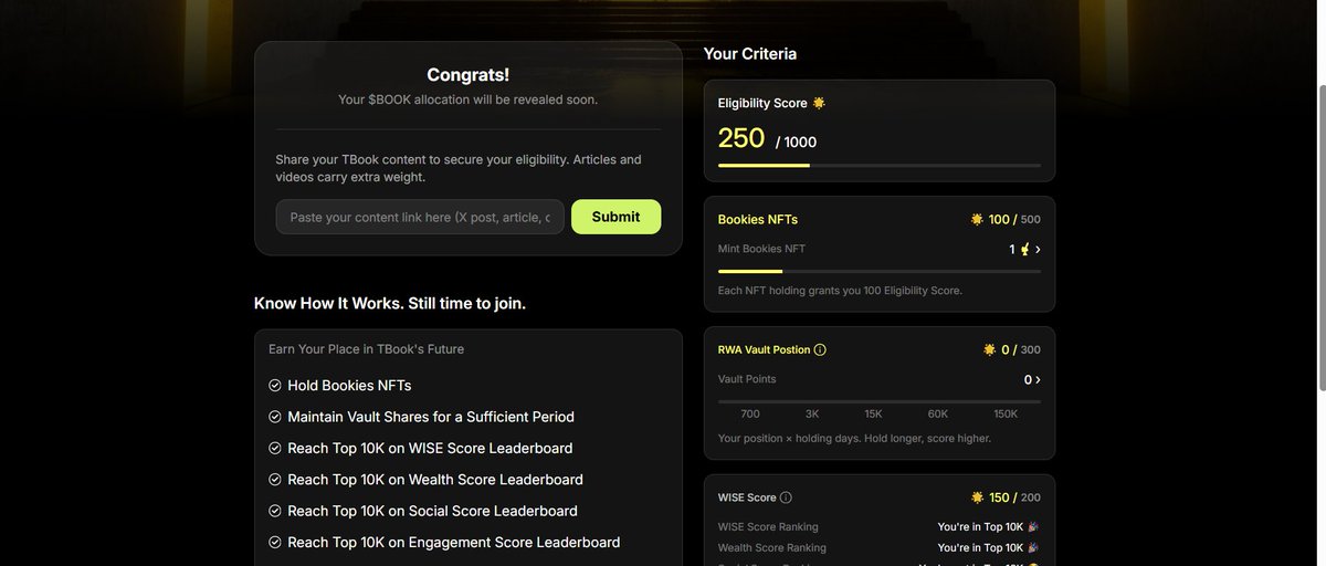 Garantindo seu Cookies NFT do <a href="/realtbook/">TBook</a> 🍪📚
Com o NFT, você se torna elegível ao airdrop e começa a construir seu Eligibility Score dentro do ecossistema TBook.
Além disso, cada NFT aumenta sua pontuação, fortalece sua posição no ranking e abre caminho para acesso antecipado às