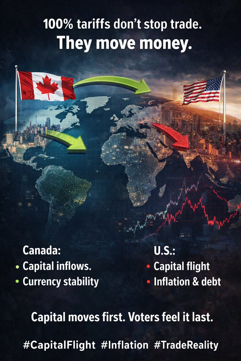 ABCitizenJames's tweet image. 100% tariffs don’t stop trade.
They move money.
Canada: Capital inflows. Currency stability.
U.S.: Capital flight. Inflation &amp;amp; debt.
Capital moves first.
Voters feel it last.
#CapitalFlight #Inflation #TradeReality