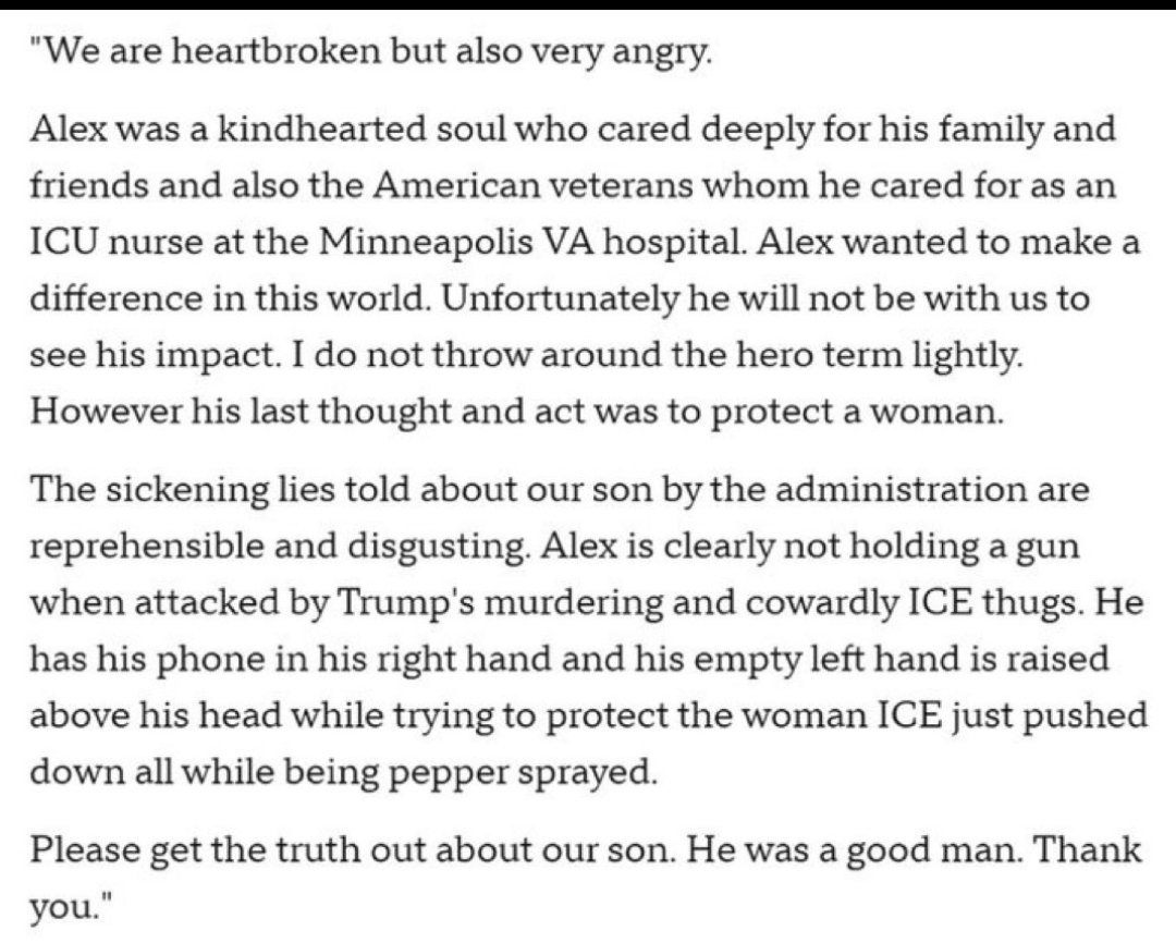 This is the heartbreaking statement from Alex Pretti's parents. My god 💔 please share widely